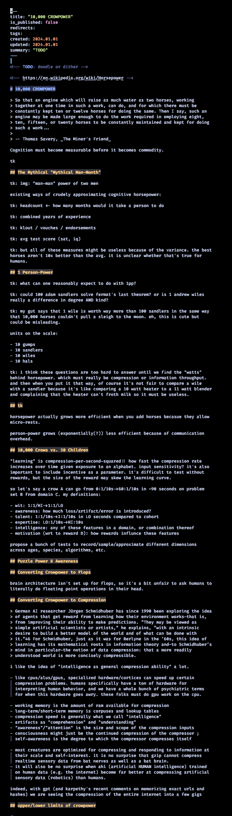 The 2024.07.29 draft, now filled in under each heading: units on the scale (“10 gumps, 10 sandlers, 10 wiles, 10 hals”), notes on compression and learning rates, and a long section converting crowpower to compression