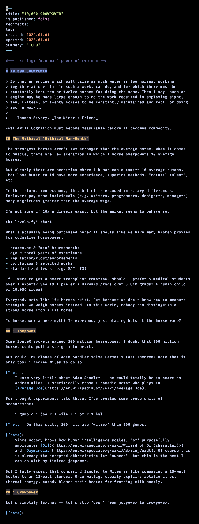 The 2024.10.13 draft: “The Mythical ‘Mythical Man-Month’” written out in real prose about 10x engineers and broken proxies for cognitive horsepower, followed by a new “1 Joepower” section with the Adam Sandler / Andrew Wiles thought experiment and the gump-joe-wile-oz-hal scale