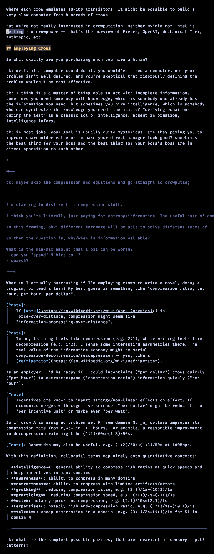 The 2025.01.05 draft: crows emulating transistors, an “Employing Crows” section asking what you actually purchase when you hire a human, and a list mapping colloquial words — intelligence, awareness, correctness, grokking, practicing, wit, expertise, talent — onto compression ratios and speeds