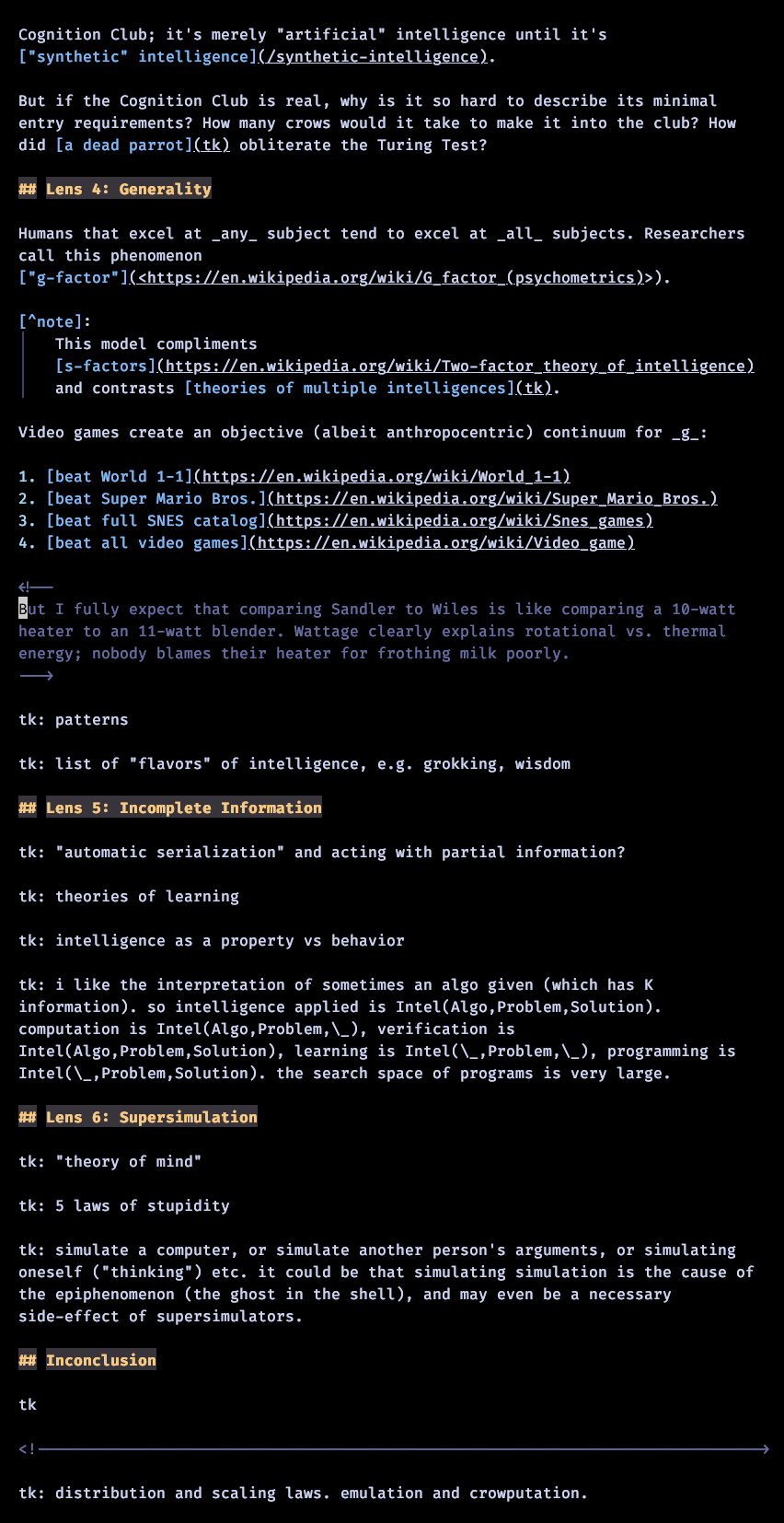 The 2025.06.28 full draft with its scaffolding still showing: “Lens 4: Generality” on the g-factor and video games, then “Lens 5: Incomplete Information”, “Lens 6: Supersimulation”, and “Inconclusion” — each still a stack of “tk:” notes